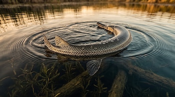 Un pez pejelagarto curvado en la superficie del agua que produce ondas circulares entre plantas acuáticas sumergidas.