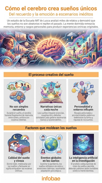 Infografía con un cerebro central, una mujer, edificios, relojes, un corazón y figuras humanas. Contiene texto explicativo sobre la creación de sueños.