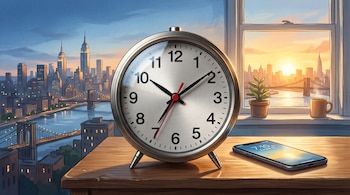 Un reloj despertador metálico y un teléfono móvil sobre una mesa de madera frente a una ventana abierta con vistas a una ciudad al amanecer.