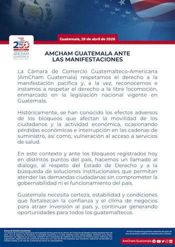 Captura de pantalla de un comunicado de AmCham Guatemala titulado 'AMCHAM GUATEMALA ANTE LAS MANIFESTACIONES', con texto en español y, sutilmente, las banderas de Guatemala y Estados Unidos
