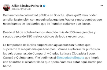 El alcalde de Soacha, Julián Sánchez Perico, confirmó la decisión a través de una publicación en su cuenta de X - crédito @@JulianPericoJr/X