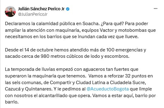 El alcalde de Soacha, Julián Sánchez Perico, confirmó la decisión a través de una publicación en su cuenta de X - crédito @@JulianPericoJr/X
