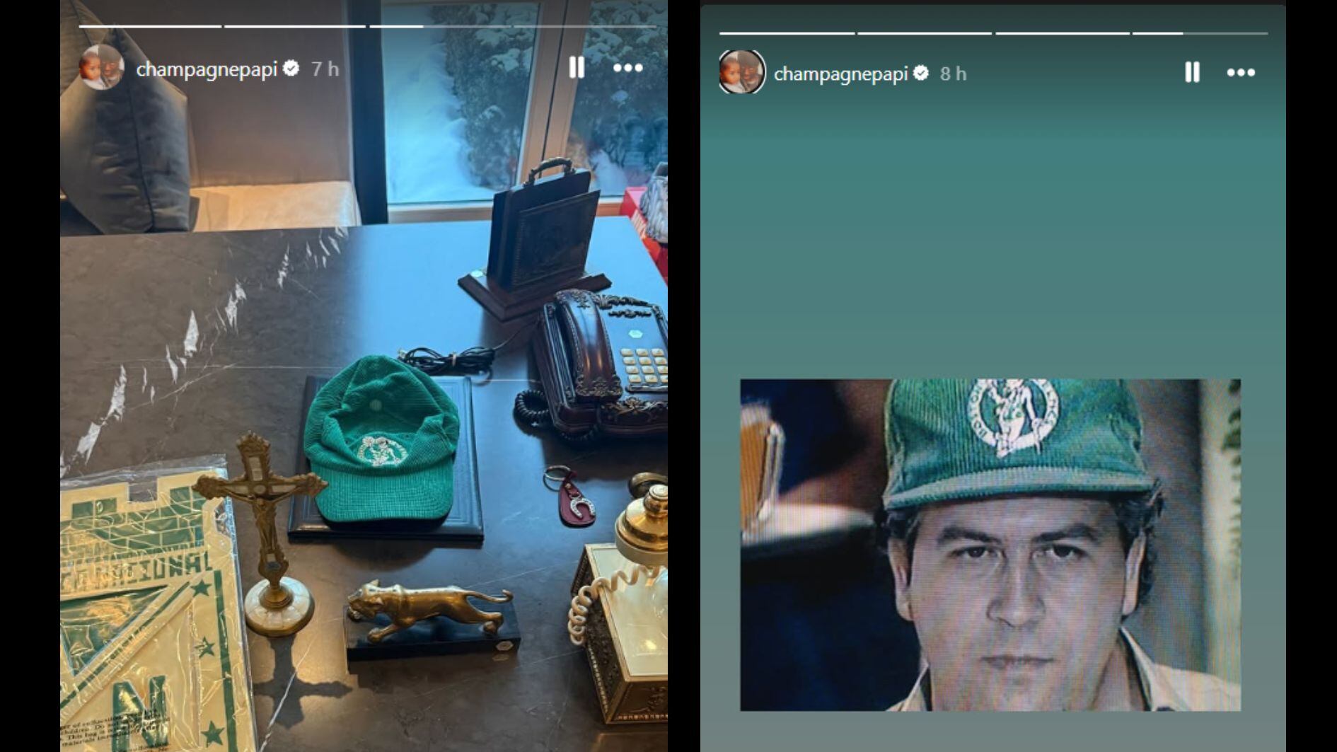 Drake mostró en su perfil de Instagram la gorra que lució el narco colombiano Pablo Escobar - crédito @champagnepapi/IG