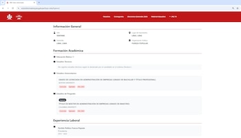 Captura de pantalla de una página web con información general, formación académica y experiencia laboral de un candidato. Incluye logotipos y barra de navegación