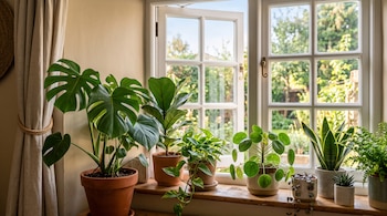 Varias macetas con plantas verdes de distintas especies alineadas sobre el alféizar de madera de una ventana blanca abierta.