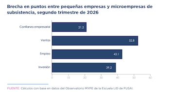 Diferencias en puntos entre las pequeñas empresas y los negocios de subsistencia en confianza, ventas, empleo e inversión durante el segundo trimestre de 2026. (Fuente: Observatorio MYPE de FUSAI)