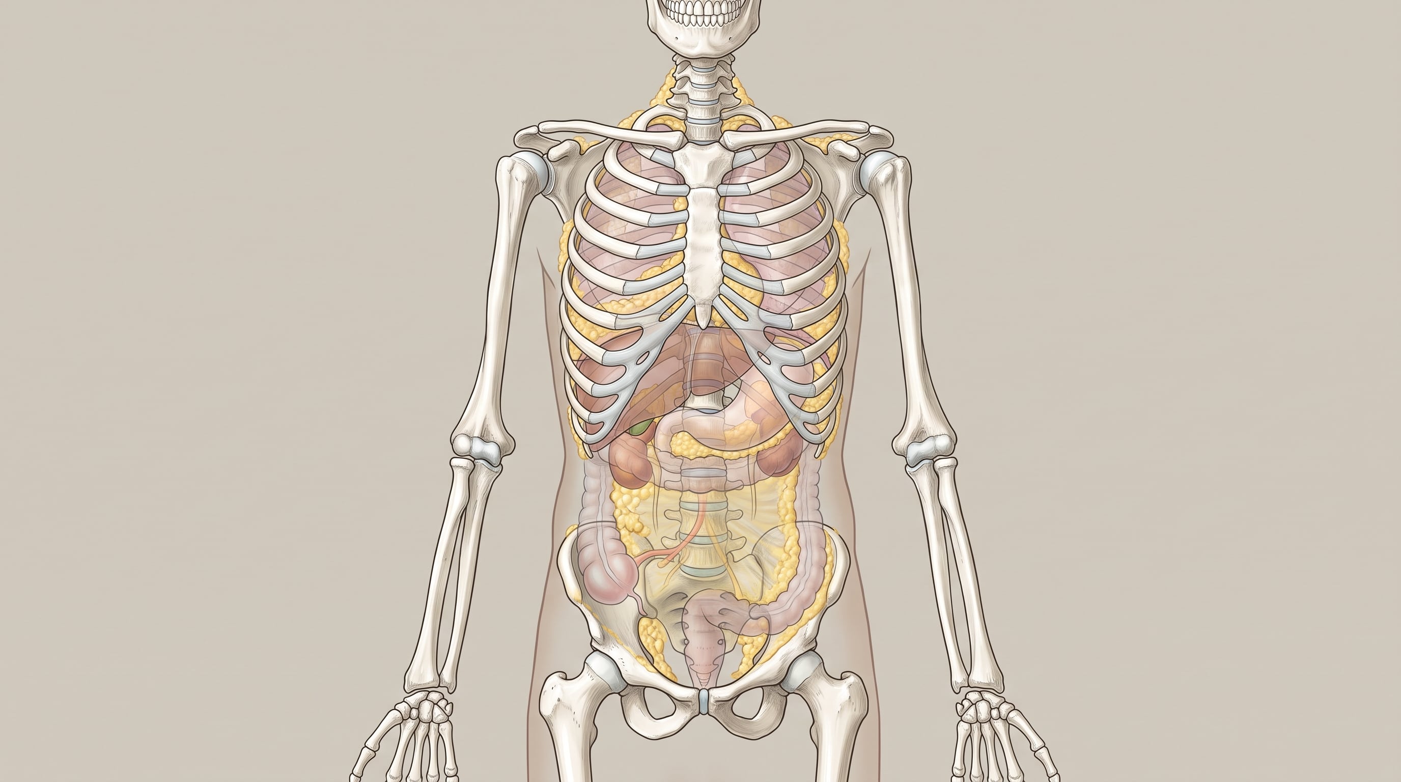 Una ilustración médica detalla la localización del tejido adiposo visceral alrededor de los órganos internos y la estructura ósea del torso. (Imagen Ilustrativa Infobae)