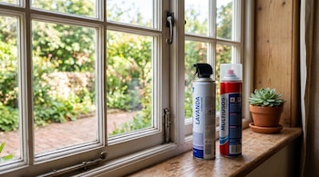 Dos botes de aerosol de productos de limpieza y una pequeña maceta con una planta suculenta sobre el alféizar de madera de una ventana.