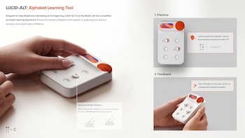 Dispositivo LUCID-ALT con seis botones táctiles blancos y detalles naranjas; manos interactúan con el dispositivo. Gráficos explican práctica y retroalimentación