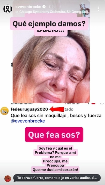Fotografía de cerca de Evelyn Von Brocke llorando con los ojos cerrados y el rostro arrugado, con texto en pantalla que incluye "Qué ejemplo damos?" y "Qué fea sos?"