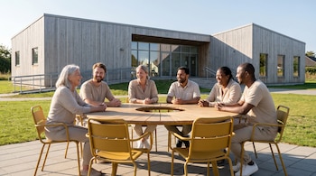 Seis personas de diversas edades y etnias sentadas en una mesa redonda de madera con sillas amarillas, en el exterior de un edificio moderno de madera.