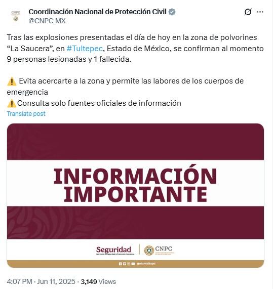Reportan 9 fallecidos y 1 muerto en accidente en Tultepec, Estado de México. Foto: x.com/@CNPC_MX