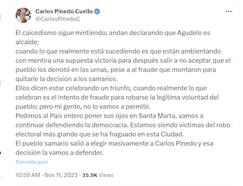 Carlos Pinedo Cuello denunció presunto fraude electoral en escrutinios de Santa Marta - crédito @CarlosPinedoC/X