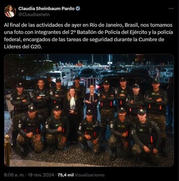 Sheinbaum presumió una foto con elementos de la Policía Federal y de la Policía del Ejército de Brasil. | Gobierno de México