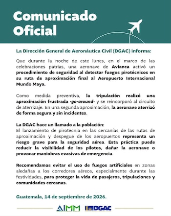 La aerolínea y la DGAC de Guatemala advirtieron que la pirotecnia cerca de aeropuertos reduce la visibilidad, altera la visión nocturna y puede afectar la aeronave - crédito X