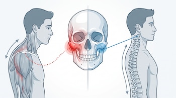 Ilustración médica con dos perfiles masculinos que muestran la postura y la columna, y un cráneo central con la articulación temporomandibular resaltada.