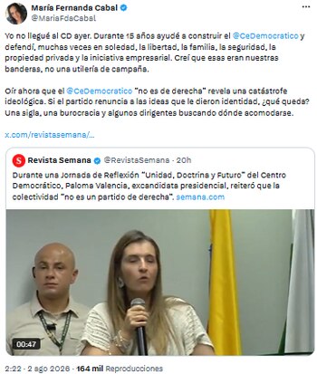 María Fernanda Cabal rechazó redefinición del Centro Democrático y denunció pérdida de identidad - crédito @MariaFdaCabal/X