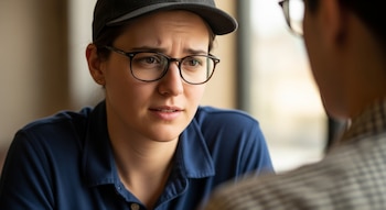 Primer plano de una persona joven con gorra negra y gafas, mira hacia un lado mientras otra persona borrosa está de espaldas.
