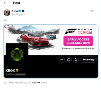 Anuncio de Forza Horizon 6 en Twitter. Muestra un coche deportivo rojo, un SUV azul en una carretera de montaña y el texto 'Early Access Available Now'