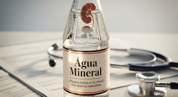 Botella de agua mineral con riñón humano y cálculo renal flotando, con etiqueta de texto. Estetoscopio y documentos médicos en el fondo.