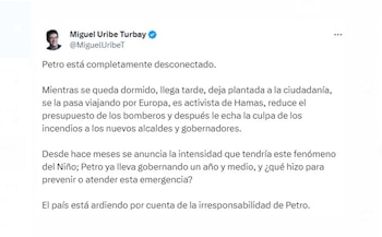 El senador Miguel Uribe Turbay expresó que el presidente Petro era un “vago” por no responsabilizarle de las acciones no tomadas por los incendios provocados por el fenómeno de El Niño - crédito @MiguelUribeT/X