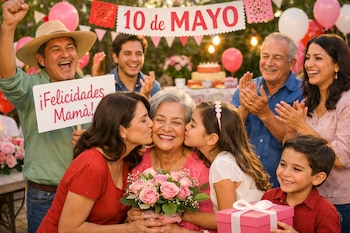 Una familia feliz rodea a una abuela que recibe besos de su hija y nieta, mientras sostiene un ramo de rosas rosadas en una fiesta del 10 de Mayo.