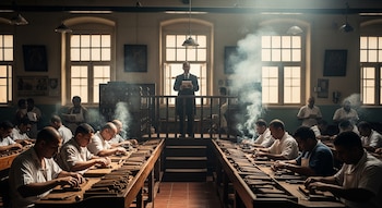 Hombre lee en plataforma elevada a decenas de trabajadores elaborando cigarros a mano en largas mesas de madera, dentro de una fábrica con grandes ventanas y humo.