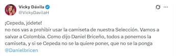La periodista Vicky Dávila publicó un mensaje dirigido al senador Iván Cepeda por el uso de las camisetas de la selección Colomba - crédito @VickyDavilaH/X