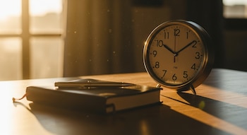 Un reloj de mesa dorado marca las diez y diez de la noche junto a un cuaderno negro cerrado con un bolígrafo encima, sobre una mesa de madera con luz cálida.