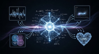 Ilustración de una neurona central rodeada de fórmulas matemáticas, gráficos de ondas, diagramas de Venn y un corazón con la palabra LOVE.