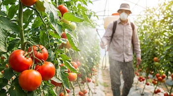 Primer plano de tomates rojos y maduros en una planta, con hojas verdes. Al fondo, un agricultor con sombrero y mascarilla rocía pesticida en un invernadero.