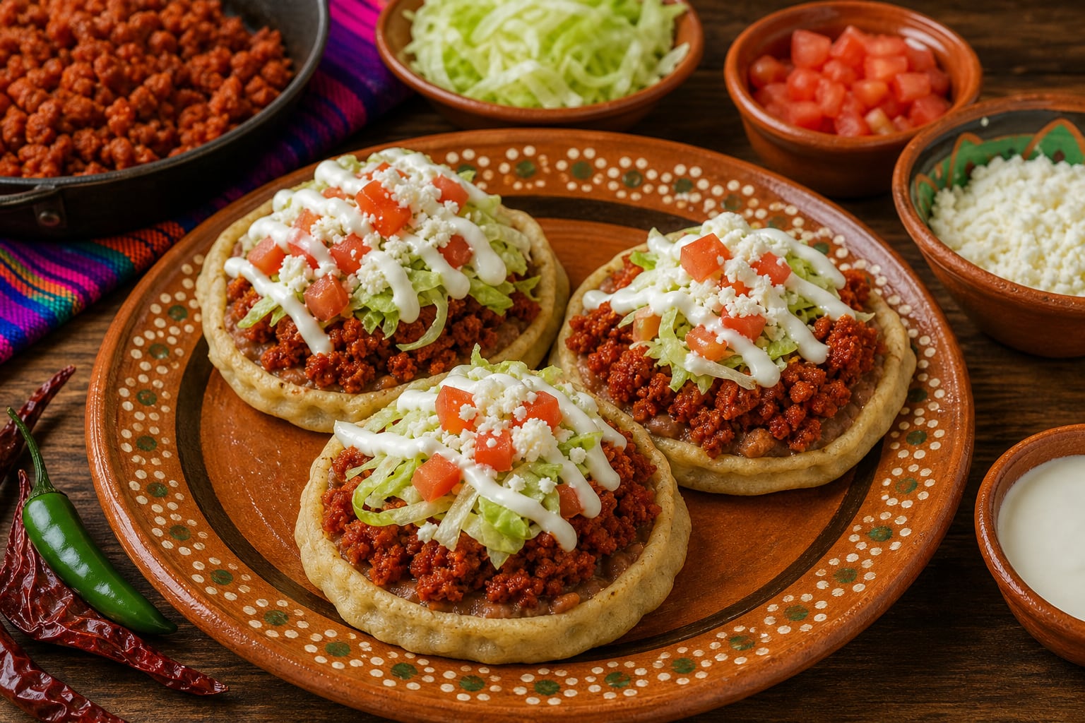 Tres sopes de maíz servidos con longaniza, lechuga, jitomate, queso y crema se presentan en un plato tradicional de barro junto a varios recipientes con ingredientes. (Imagen Ilustrativa Infobae)