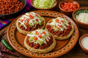 Tres sopes con longaniza, lechuga, jitomate, crema y queso en un plato de barro junto a cuencos con ingredientes sobre una mesa de madera.