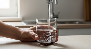 Una mano sujeta un vaso transparente que se llena con agua clara y burbujeante directamente de un grifo metálico en una cocina moderna.