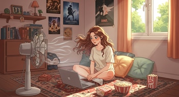 Ilustración de una joven sentada en el suelo con un ordenador portátil, un ventilador, palomitas de maíz, almohadas, pósteres y una ventana.
