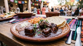 Un plato de barro contiene asado de boda con salsa oscura, arroz, frijoles, queso y tortillas sobre una mesa de madera.