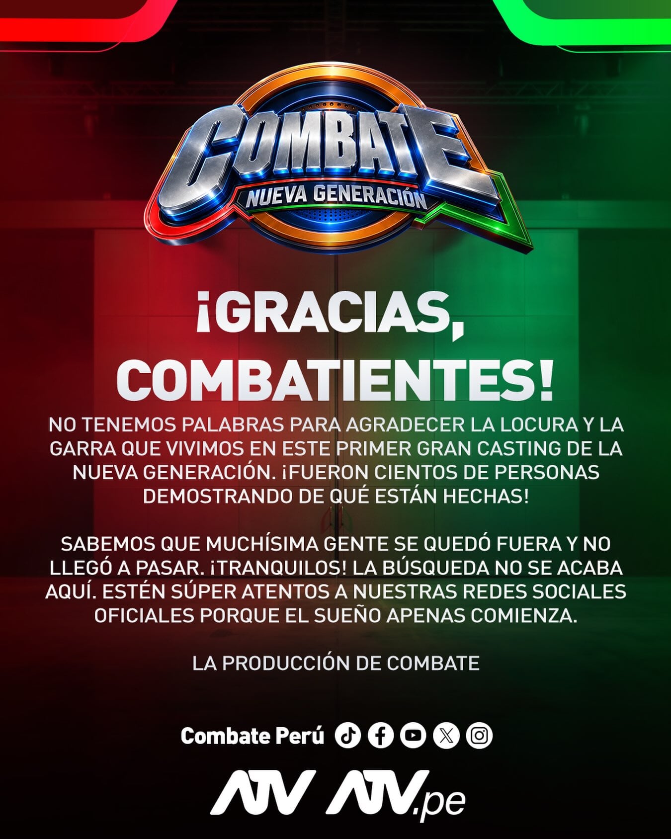 La producción de Combate publica un comunicado en Perú para agradecer la asistencia al casting de su nueva temporada y anunciar nuevas convocatorias.