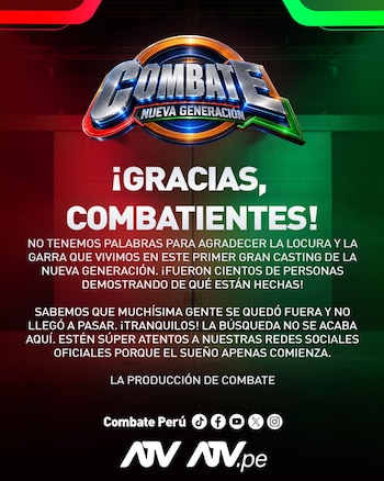 Cartel digital con el logotipo de Combate Nueva Generación y un texto de agradecimiento de la producción de ATV sobre fondo rojo y verde