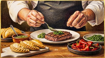 Manos de cocinero emplatando bife con salsa verde sobre plato blanco, acompañadas de empanadas, chimichurri, ajíes rojos y hierbas picadas.