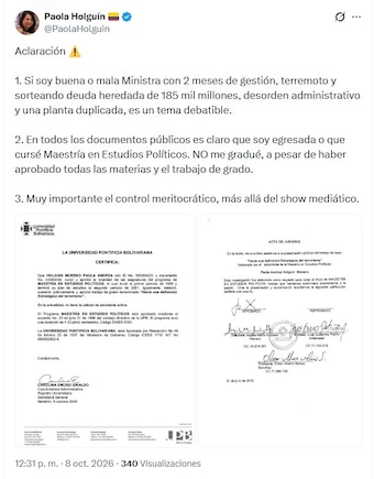 Holguín contestó a los señalamientos por parte de Pedraza la mañana del jueves 8 de octubre vía X - crédito @PaolaHolguin/X