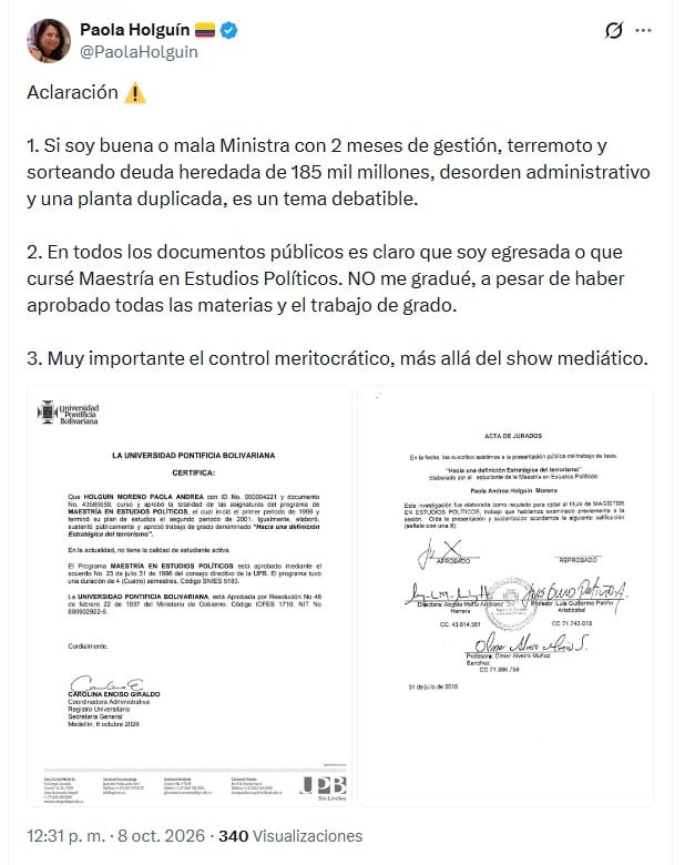 Holguín contestó a los señalamientos por parte de Pedraza la mañana del jueves 8 de octubre vía X - crédito @PaolaHolguin/X