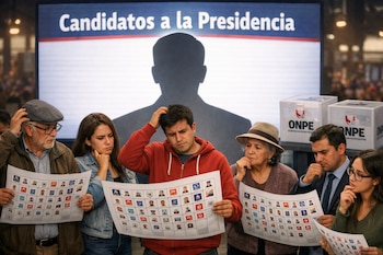 Personas de diversas edades observan grandes cédulas electorales con múltiples candidatos, con una silueta de candidato en pantalla y ánforas de la ONPE al fondo.