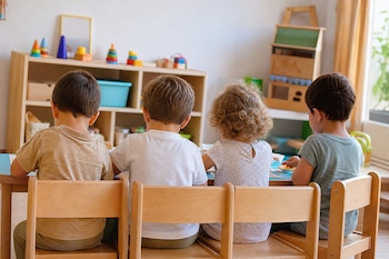 Cuatro niños de espaldas sentados en sillas de madera frente a una mesa y una estantería con juguetes.