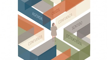 Ilustración de una figura humana entre paneles translúcidos de colores que forman un laberinto, con las palabras agenda, crisis, confianza, sentido y estrategia.