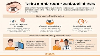 Infografía con título sobre temblor ocular. Ilustraciones de un ojo, cerebro, párpado, reloj, un hombre con ordenador y café, y un hombre con un médico.