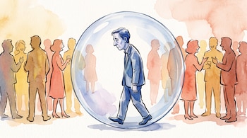 Ilustración de un hombre vestida de azul dentro de una esfera transparente, rodeado por siluetas de personas de colores cálidos.