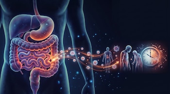 Ilustración 3D de un torso humano con órganos digestivos internos luminosos, y una secuencia de figuras humanas que envejecen junto a un reloj que se desintegra.