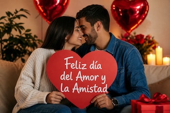 Un hombre y una mujer sonríen mientras sostienen un corazón rojo con letras blancas, rodeados de globos en forma de corazón, velas y un regalo.
