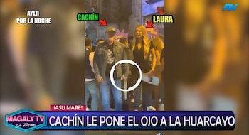 ¿Nuevo romance? Laura Huarcayo y Carlos Alcántara sorprenden con muestras de cariño en el Estadio Nacional. Captura: Magaly TV La Firme.