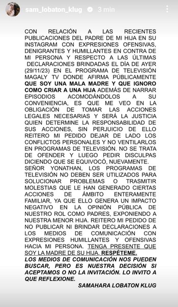 Comunicado de Samahara Lobatón. Captura/Instagram